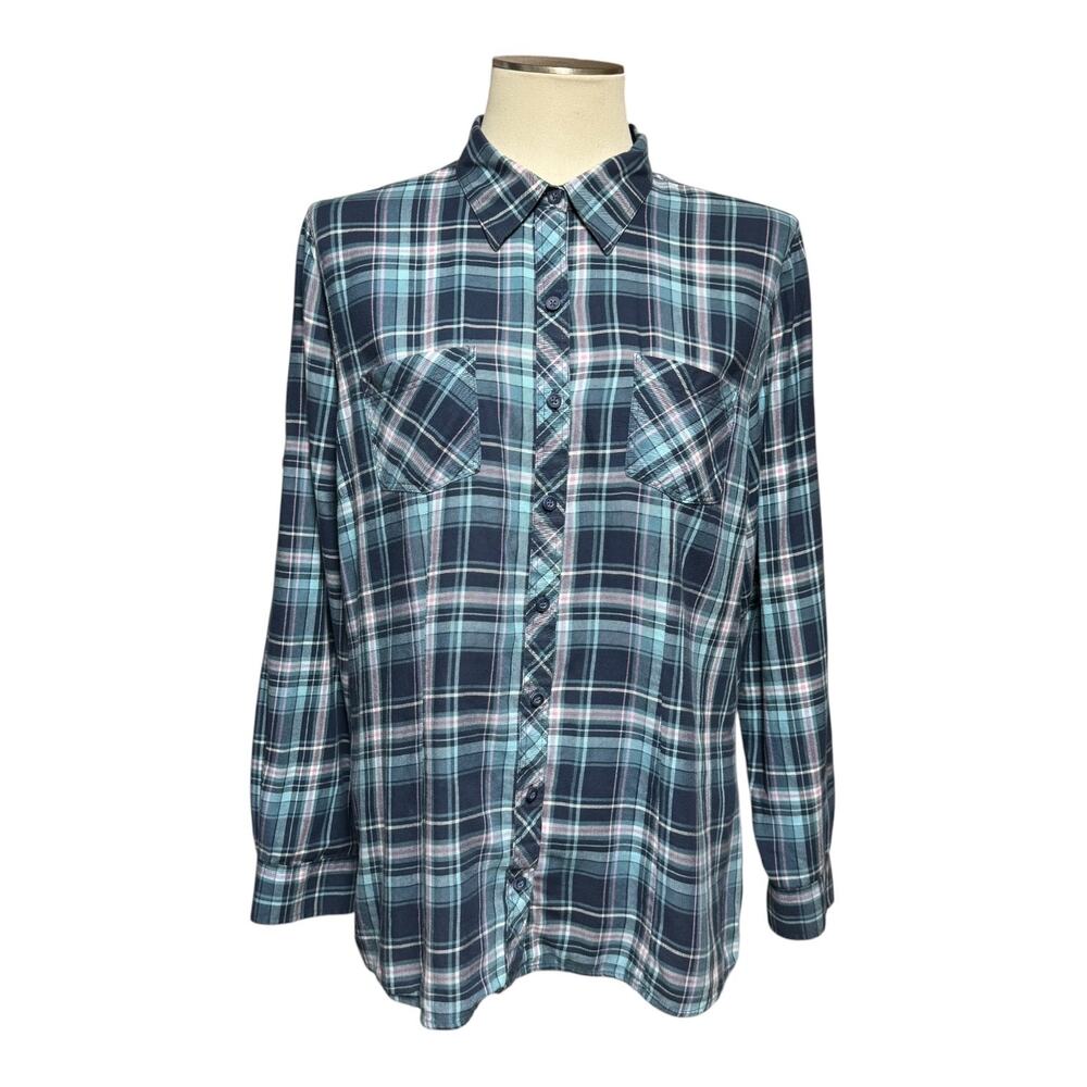 L.L.Bean Cotton Long Sleeve Button Up Top Blue Pink Plaid Large